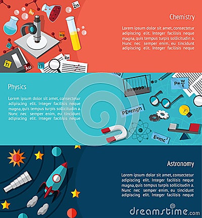 Science education infographic banner template layout such as physics, chemistry and astonomy background website page Vector Illustration