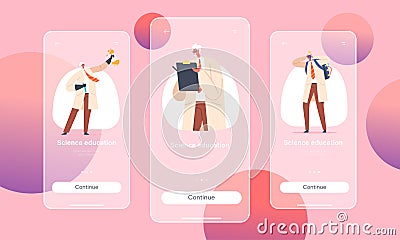 Science Education Mobile App Page Onboard Screen Template. Crazy Professor, Nuts Doctor Character Conduct Experiment Vector Illustration