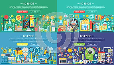 Science, education, online learning, smart ideas and research horisontal flat concept design horizontal banners set. Vector Illustration