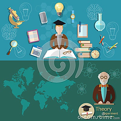 Science and education professor research students banners Vector Illustration