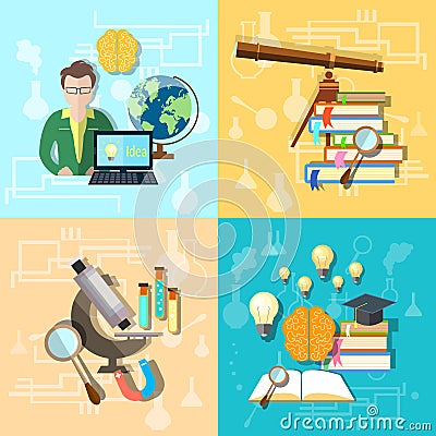 Science and education: students, college, set vector icons Vector Illustration