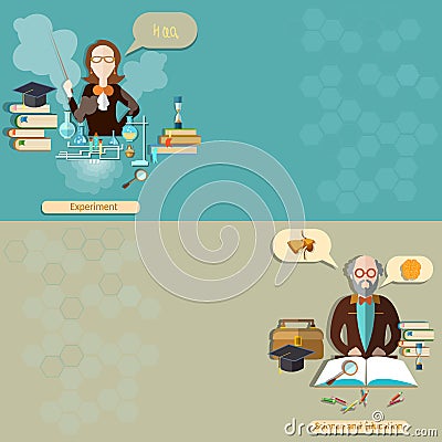 Science and education: teacher, student, professor, lessons, vector banners Vector Illustration