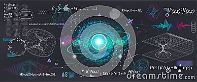 Science elements set concept Quantum Mechanics, formula, curvature of spacetime in a gravitational field, black hole Vector Illustration