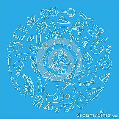 Science Equipment kids hand drawing set pattern background circle shape illustration isolated on blue color Vector Illustration