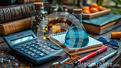 A Science Experiment Setup With A Calculator, Notebook, And Erlenmeyer Flask Stock Photo