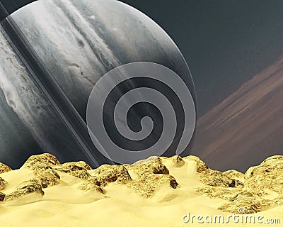 Science fiction background illustration of a desert planet with a large gaseous planet with a planetary ring Cartoon Illustration