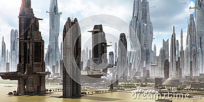 Science-fiction city landscape (matte painting) Stock Photo