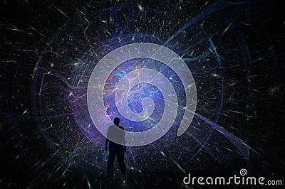 A science fiction concept of a man, back to camera, looking at fluctuating energy portal. With stars and galaxies flying out Stock Photo