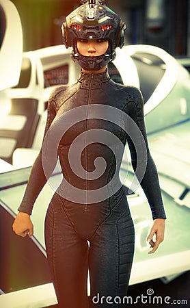 Science Fiction female pilot wearing helmet and uniform returning from a mission with space ship in background. Stock Photo