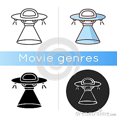 Science fiction icon. Linear black and RGB color styles. Sci fi movies, popular futuristic fantasy films. Cinema Vector Illustration