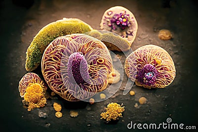Science fiction illustration of bacteria, viruses and protozoa under microscope. Fantasy digital art, ai artwork Cartoon Illustration