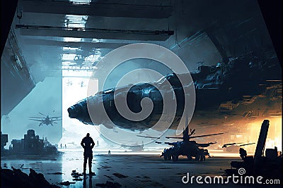 illustration of an interplanetary spaceship unloading in space station dock created by generative AI Cartoon Illustration
