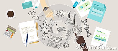 Science icon biology lab sketch drawing illustration chemistry laboratory desk research collaborate team work Vector Illustration