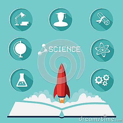 Science icon set. Flat icons with long shadow and the rocket flies up Vector Illustration
