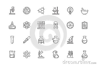 Science icons. Chemistry test tubes beakers biology lab chemical equipment toxic objects vector set Vector Illustration