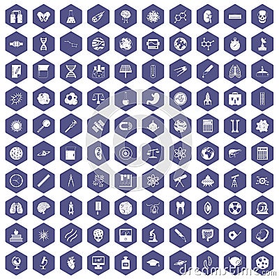 100 science icons hexagon purple Vector Illustration