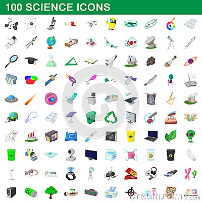 100 science icons set, cartoon style Vector Illustration