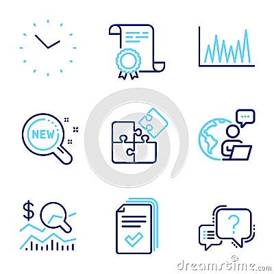 Science icons set. Included icon as Puzzle, Line graph, Handout signs. New products, Time, Certificate symbols. Vector Vector Illustration