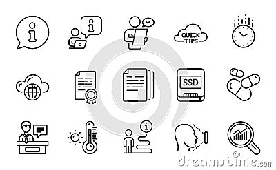 Science icons set. Included icon as Weather thermometer, Ssd, Capsule pill. Vector Vector Illustration