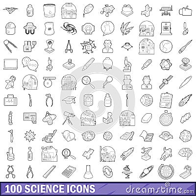 100 science icons set, outline style Vector Illustration