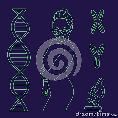 Hipster girl - scientist with DNA, Chromosomes and microscope. Vector illustration. Cartoon Illustration