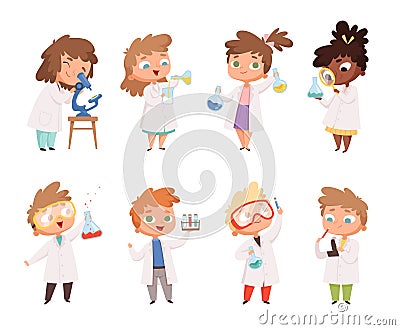 Science kids. Childrens in chemistry lab boys and little girls vector funny people Vector Illustration