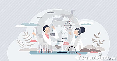 Science kids with educational laboratory for children tiny person concept Vector Illustration