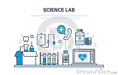 Science lab, healthcare system, medicine, tools, equipment, drugs, devices, research. Vector Illustration