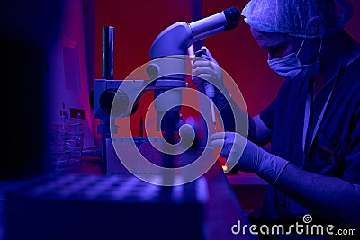 Science laboratory engineer adding cells to test tubes Stock Photo