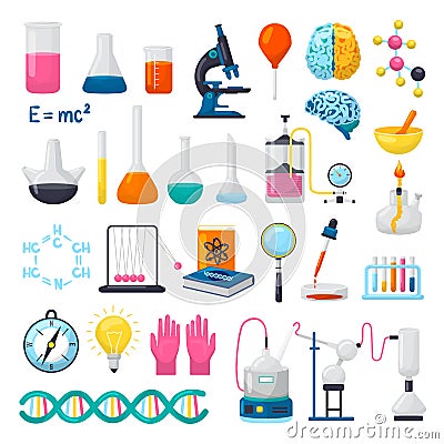 Science and laboratory equipment icons set of vector illustrations. Flasks, beakers, microscope and pipette, chemical Vector Illustration