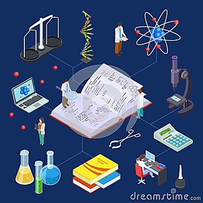 Science laboratory isometric. Vector chemical equipment for experimental lab and scientists Vector Illustration