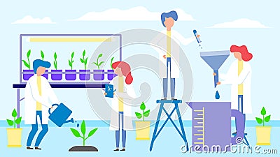 Science laboratory with plants, people group men women teamwork vector illustration. Scientists at biochemical research. Vector Illustration