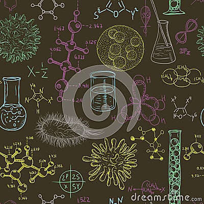 Science laboratory seamless pattern with microbes and viruses. Vintage design set. Vector Illustration