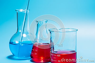 Science laboratory testtube on light blue background , science e Stock Photo
