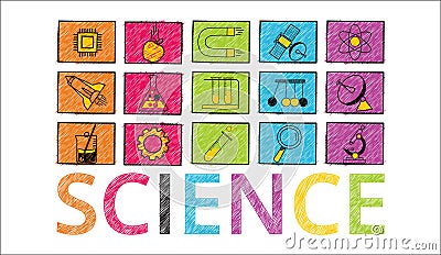 Science lettering flat line design with scientific icons and elements Vector hand-drawn Vector Illustration