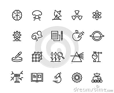 Science line icons. Technology research, medical biology astronomy exploration and equipment. Laboratory instruments Vector Illustration
