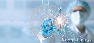 Science and medical, Scientists or Health care researcher holding test tube and analyzing data DNA gene transfer and gene therapy Stock Photo