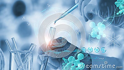 Science and medicine, Scientists are experimenting analyzing with molecule model and dropping a sample into a tube, experiments Stock Photo