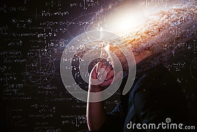 Science about nature and about man, pensive man with space in the brain and physical and mathematical formulas. Stock Photo