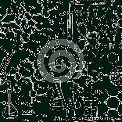 Science old chemistry laboratory seamless pattern. Vintage vector background sketchy style Vector Illustration