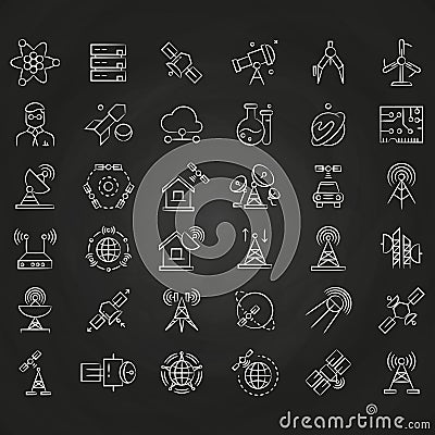 Science and orbit communication thin line icons on chalkboard Vector Illustration