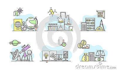 Science and Organizing Knowledge with Chemistry and Mathematics Study Vector Line Set Vector Illustration