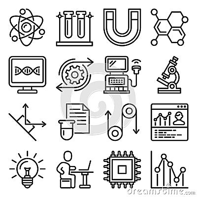 Science Physics Icons Set on White Background. Line Style Vector Vector Illustration