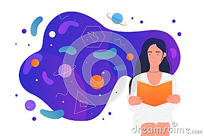 Science research and education, woman reading book with scientific publication, articles Cartoon Illustration