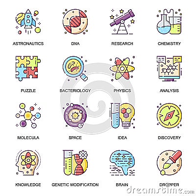 Science research flat icons set. Astronautics Vector Illustration