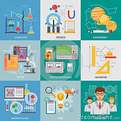 Science Research 9 Flat Icons Square Vector Illustration