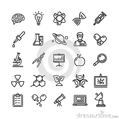 Science Research Thin Line Icon Set Like Microscope, Magnifier, Light Bulb Idea. Vector Illustration