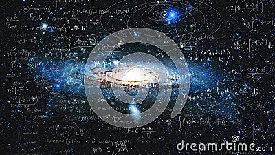 Science and research of the universe, spiral galaxy and physical formulas, concept of knowledge and education Stock Photo