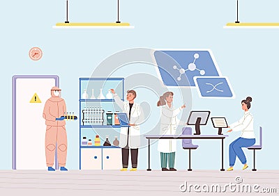 Science researching lab with scientists working use chemical researchers at medical laboratory Vector Illustration