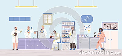 Science researching lab with scientists working use chemical researchers at medical laboratory Vector Illustration
